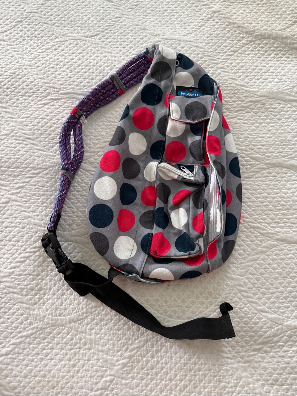 KAVU Gray Sling Bag with Red, Navy, White Polka Dots